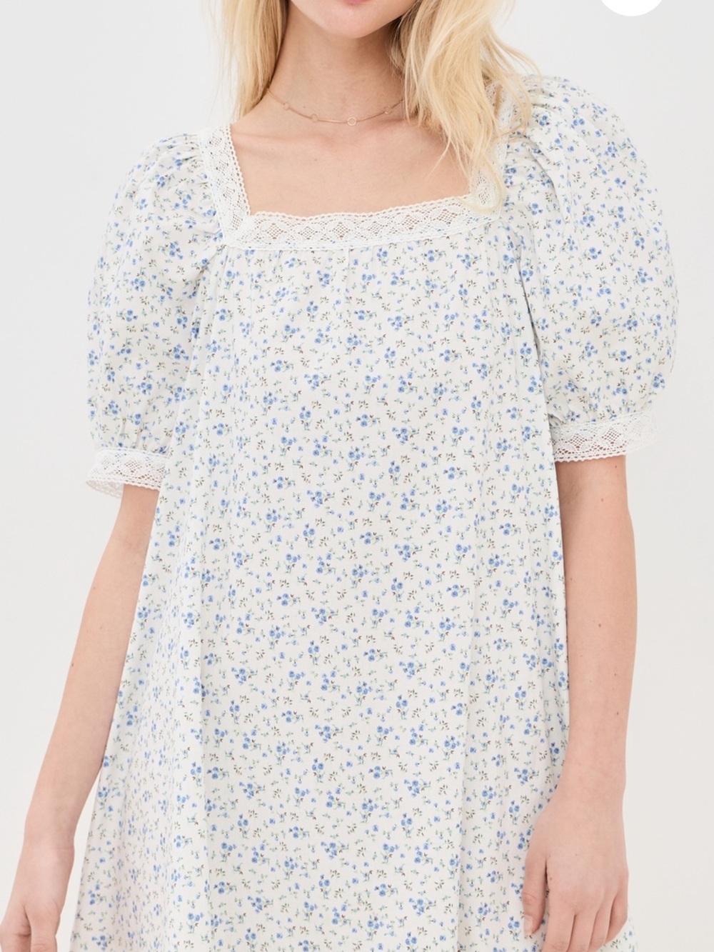 Square-Neck Puff Sleeve Mini Dress in White with Blue Floral